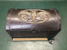 Fine Antique  Iron Hammered  Strong/ Lock Box   w/  Brass Owl  Decoration Crest picture