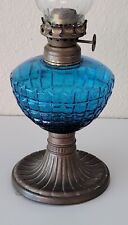 Antique  Miniature Blue Glass Lamp Tin Saucer Base Kerosene Unbranded picture