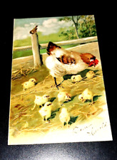 Antique embossed French Post Card Hen with her chicks-posted-excellent --1906 picture