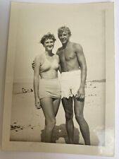 Beautiful Young Woman Man Beach Bikini Beefy 1940s B&W Vintage Photo With Note picture