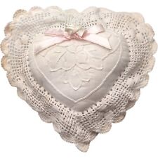 Vintage Victorian Lace Pillow Heart Ornament Embroidered Flowers Pink Cottage picture