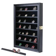 Military Challenge Coin Display Case Lockable Wood Cabinet Rack Holder Black ... picture