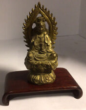 Miniature solid bronze Tibetan Buddha statue 3” high .4 lb on wood  stand picture