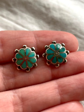 Vintage Southwest Zuni Old Pawn Sterling Silver Turquoise Inlay Flower Earrings picture