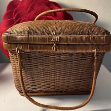 Vintage Brown Delicate Woven Wicker Storage Basket Double Handles Hinged Lid picture