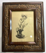 Beautiful Antique Pencil Tulip Sketch in Antique Wide Carved Oak Frame picture