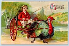 New Bedford IL Postcard Thanksgiving Greetings Turkey Pulling Carriage Embossed picture