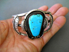 Native American Navajo Sky-Blue Turquoise Sterling Silver Leaf Motif Bracelet OD picture