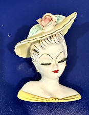Vintage Porcelain LADY HEAD VASE Yellow Mid-Century Large Brim Hat & Eyelashes picture