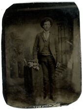 CIRCA 1860'S 2.5X3.38 1/6 Plate TINTYPE Handsome Man Mustache in Suit & Hat picture
