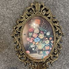 Vintage Brass Colored Flowers Ornate Metal Picture Frame w/ Convex Glass picture