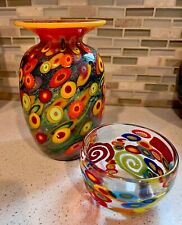2 Pc Mad Art Studio Hand Blown Glass Vase Millefiori Colorful Mixture Signed picture
