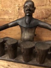 Vintage Wood Carved Ebony Wood Drummer African Statue  12 Drums picture