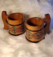 Vintage Wooden Handcrafted Beer Steins Mugs Tankards Hand Painted Set of 2 picture