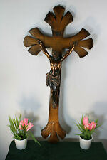 Antique XL french wood carved wall crucifix cross religious  picture