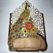 Vintage German Diecut Pressed Pulp Embossed Calendar Topper Peacock Flowers 14” picture
