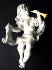 Vintage Italian Glazed Porcelain Cherub Trumpet Wall Hanging Figure 5 1/2