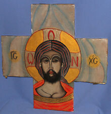 Vintage hand painted tempera/wood icon cross Jesus Christ picture