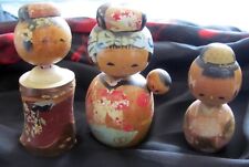 Vintage Japanese Wooden Hand Painted Happy Family Signed JAPAN Kokeshi Trio picture