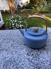 Vintage Danish Copco Style Blue Enamel and Wood Tea Kettle Teapot Retro Kitchen picture