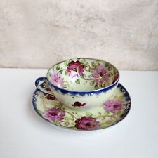 Vintage SIGNED Hand Painted Nippon ?  Teacup and Saucer Cobalt Blue picture