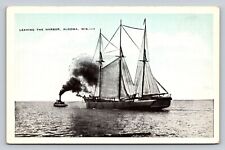 White Border Unposted Postcard Sailboat Tugboat Leaving the Harbor Algoma Wis picture