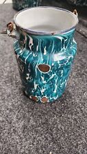 Antique Deep Green and White Swirl Graniteware Milk Cream Pail With Handle picture
