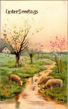 Antique Easter Greetings Sheep Stream Germany Postcard picture