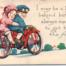 c1910s SAMPLE Postcard Motorcycle Kids Topeka, Kans Cute Boy & Girl Zercher A71 picture