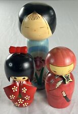 Lot Of 3 Japanese Kokeshi Wooden Dolls-Signed picture