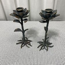 Unique Gothic Cast Iron Candlestick Rose Antique Look With Turquoise Accent picture