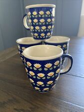 Boleslawiec Polish Pottery Mugs Set of 4 Water Lily Blue YellowTea Coffee Poland picture