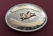 Awesome Old Vintage Western 2 Banner Silver Tone Bull Rider Trophy Belt Buckle picture
