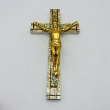 Vintage Wall Crucifix Cross Wood Metal Jesus Catholic Christian Pearlized INRI picture