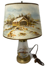 Vtg 1950’s Rustic 21” Table Lamp-Hand Painted Base & Shade-Winter Country Scene picture
