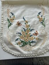 Hand Embroidered Butterflies & Flowers Table Runner Dresser Scarf Vintage 16 X38 picture