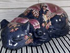 Vintage Asian Sleeping Cat 10” Porcelain Figurine Hand Painted Pink Florals MCM picture