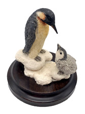 Emperor Penguin Mom & baby Figurine Wood Base by Country Artist England Statue picture