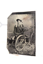 Antique Tin Type Photograph Victorian Man with Bicycle 1800s Identified picture