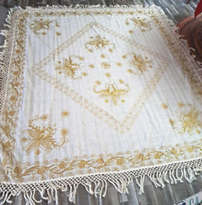 VTG Queen Bedspread Gold Embroidered Tassels Lightweight Cotton Ecru 97x85 picture