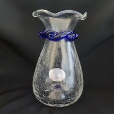 Vintage Shelton Glass Works Clear Crackle Vase Cobalt Rigaree Trim Pontil 6