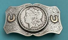 Rare 1890-CC Morgan Silver Dollar Sterling Silver & Gold Horseshoes Belt Buckle picture