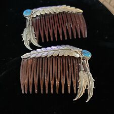 PAIR TURQUOISE & HANGING FEATHERS   Sterling Silver -  Hair Comb LISTING MORE picture