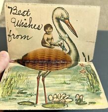 Vintage Letter card. Best Wishes. Baby On Flamingo. Early 1900s Greeting Card picture