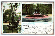 Alameda Mexico Postcard View of Two Carved Fountains 1908 Posted Antique picture