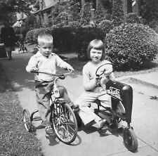 Vintage 1940s Photo Little Boy Tricycle Young Girl Senior Pedal Tractor picture