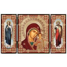 Virgin of Kazan Icon Triptych With Archangels Michael and Gabriel - Gold Foil picture