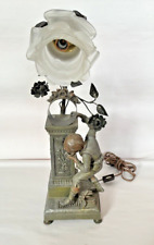 Antique French Art Nouveau Boy Fountain Juan Terville Spelter Floral Glass Lamp picture