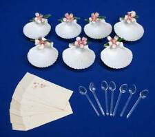 7 UNUSUAL SHELL & PORCELAIN FLOWERS SALT DIPS, SPOONS, & PLACE CARDS CA. 1950 picture