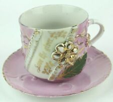 Antique Victorian Pink Teacup Saucer Sculpted Gold Flower Love the Giver Tea Cup picture
